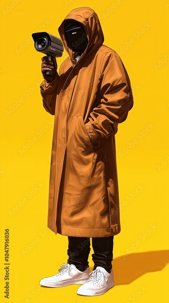 Mysterious Figure in Yellow Background Holding Camera Exploring the Intersection of Surveillance and Identity Mysterious Figure in Yellow Background Holding Camera Exploring the Intersection of Surveillance and Identity