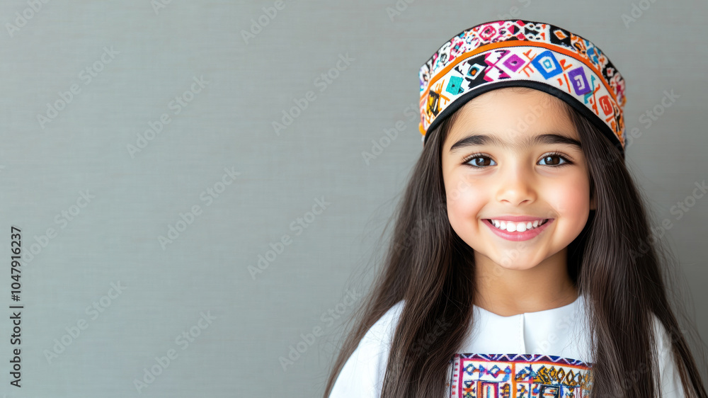 Arabian little girl in traditional bunad folk costume isolated on gray Arabian little girl in traditional bunad folk costume isolated on gray