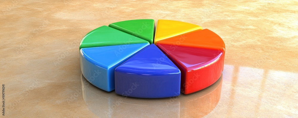 Fototapeta premium A colorful pie chart with six segments in green, yellow, orange, red, blue, and light blue.