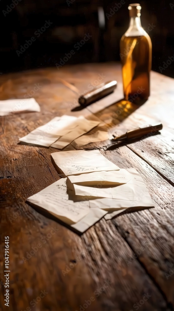 Captivating Moment of Nostalgia Letters and a Bottle on a Wooden Table Captivating Moment of Nostalgia Letters and a Bottle on a Wooden Table