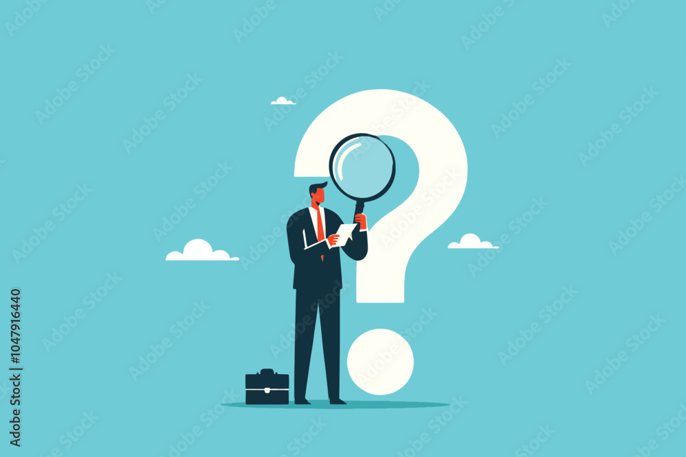 Focused Businessman Examining a Giant Question Mark Through a Magnifying Glass Focused Businessman Examining a Giant Question Mark Through a Magnifying Glass