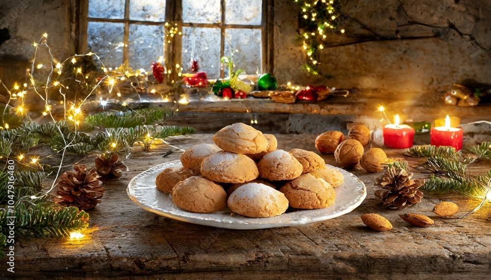 Golden Amaretti cookies dusted with powdered sugar in a festive, sunlit kitchen at Christmas. Golden Amaretti cookies dusted with powdered sugar in a festive, sunlit kitchen at Christmas.