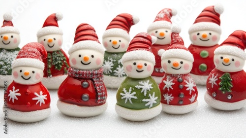 A collection of cheerful snowman decorations dressed in festive attire with hats and scarves, arranged in vibrant red and green colors, perfect for holiday cheer