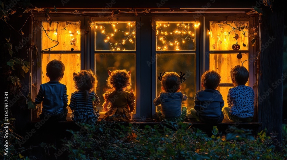 Seven children sit side by side on a windowsill, mesmerized by the glow of fairy lights outside as the warm autumn evening envelops them, creating a magical atmosphere Seven children sit side by side on a windowsill, mesmerized by the glow of fairy lights outside as the warm autumn evening envelops them, creating a magical atmosphere