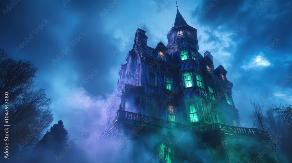 Haunted house lit up with eerie purple and green lights for Halloween, capturing the excitement of visiting spooky attractions Haunted house lit up with eerie purple and green lights for Halloween, capturing the excitement of visiting spooky attractions
