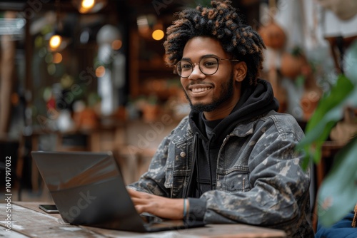 Casual smiling young man working at desk with smartphone and laptop in modern office