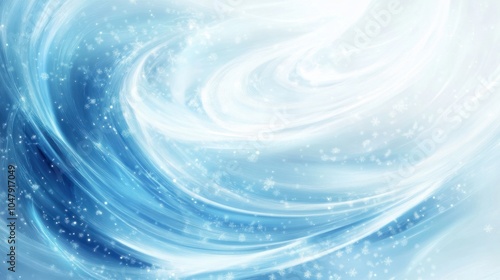 Abstract cold season background with swirling snowflakes and icy blue gradients, isolated on white