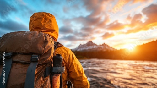 Group of hikers in raincoats crosses a mountain river, demonstrating survival skills in harsh conditions