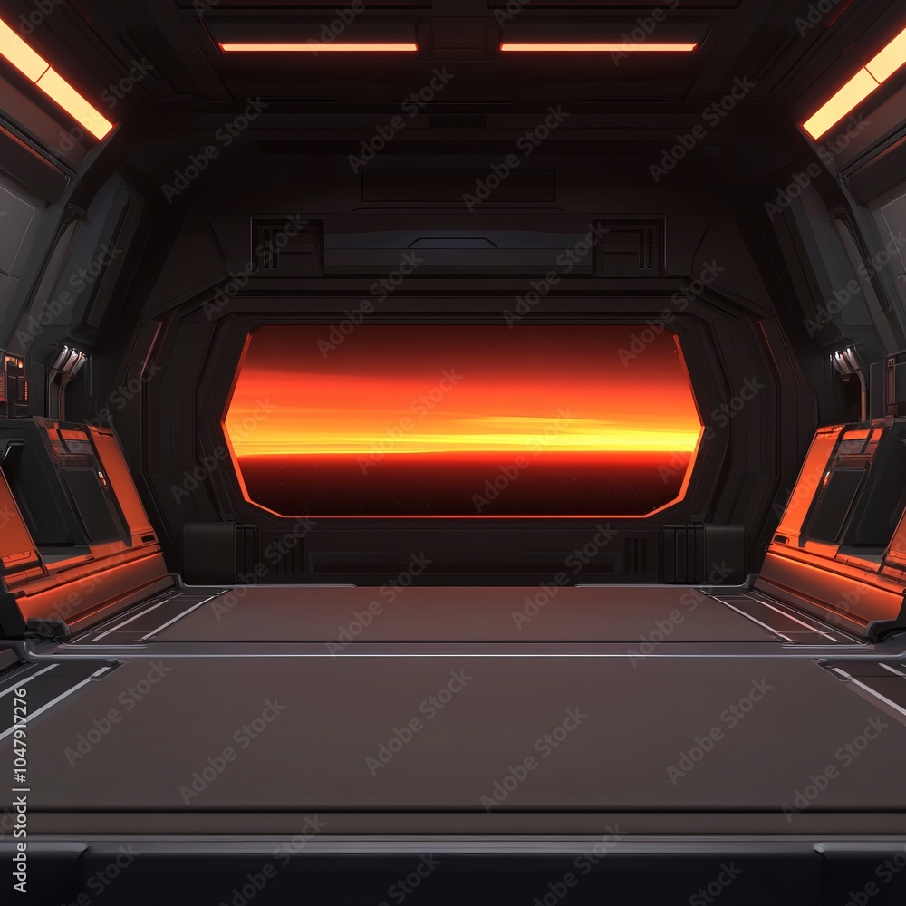 A futuristic interior with a window showcasing a vibrant orange horizon. A futuristic interior with a window showcasing a vibrant orange horizon.