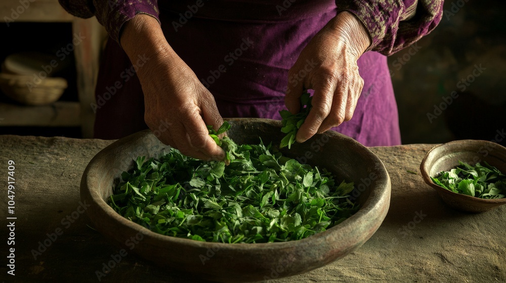 Chef Prepares Fresh Herbs in Rustic Kitchen Chef Prepares Fresh Herbs in Rustic Kitchen