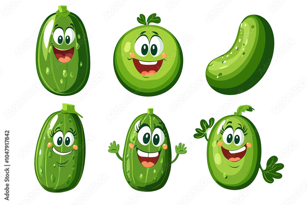 A collection of cheerful cartoon cucumbers with faces, showcasing different shapes and expressions. isolated on transparent background. A collection of cheerful cartoon cucumbers with faces, showcasing different shapes and expressions. isolated on transparent background.