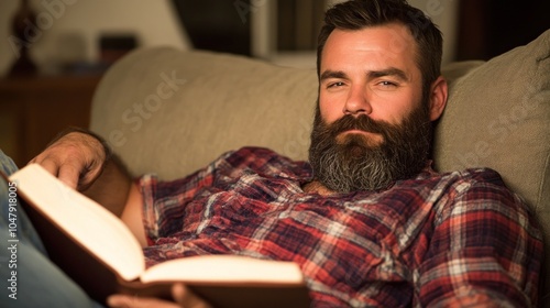 A relaxed man sits comfortably on a couch, deeply engaged with a book as warm light illuminates the cozy living room, creating an inviting atmosphere