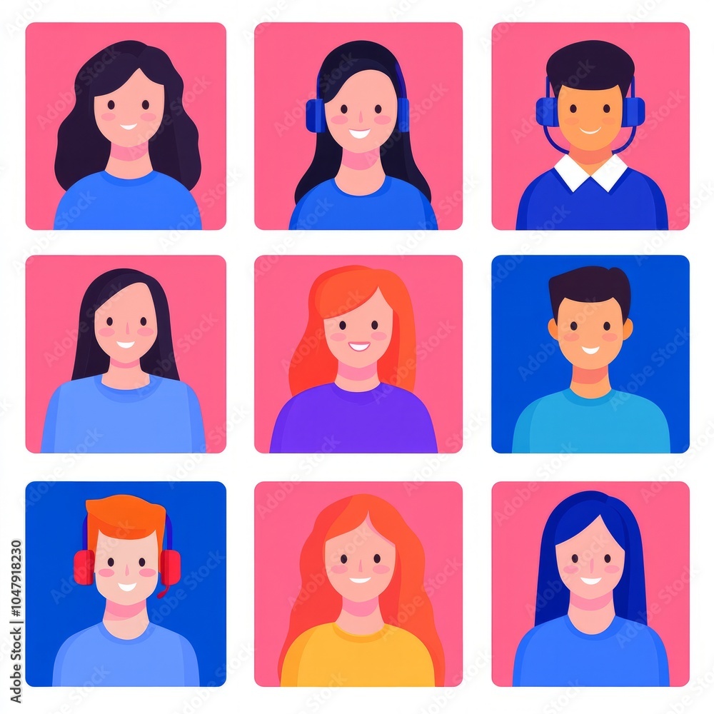 A grid of nine illustrated people with various hairstyles and expressions. A grid of nine illustrated people with various hairstyles and expressions.