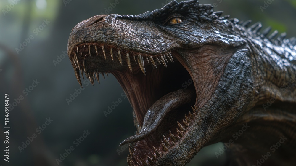 Obraz premium This dinosaur displays its powerful jaws and intimidating teeth in a lush, prehistoric forest, illuminated by a subtle, misty light that enhances its fierce presence