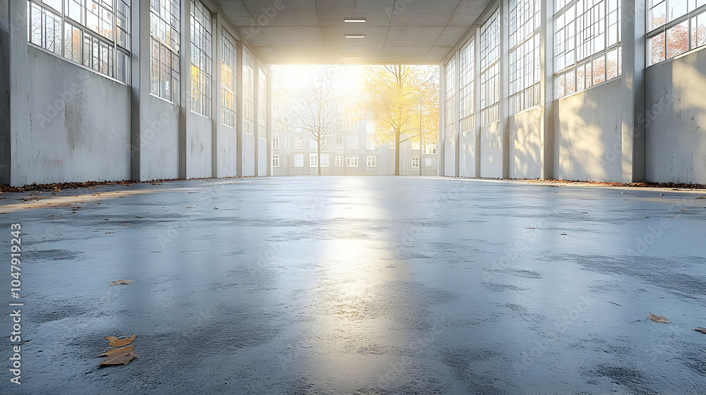 Autumn Sunlight Through Windows in Concrete Building - 3D Illustration Autumn Sunlight Through Windows in Concrete Building - 3D Illustration