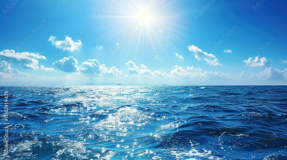 Fototapeta premium Blue Ocean with White Clouds and Sunlight