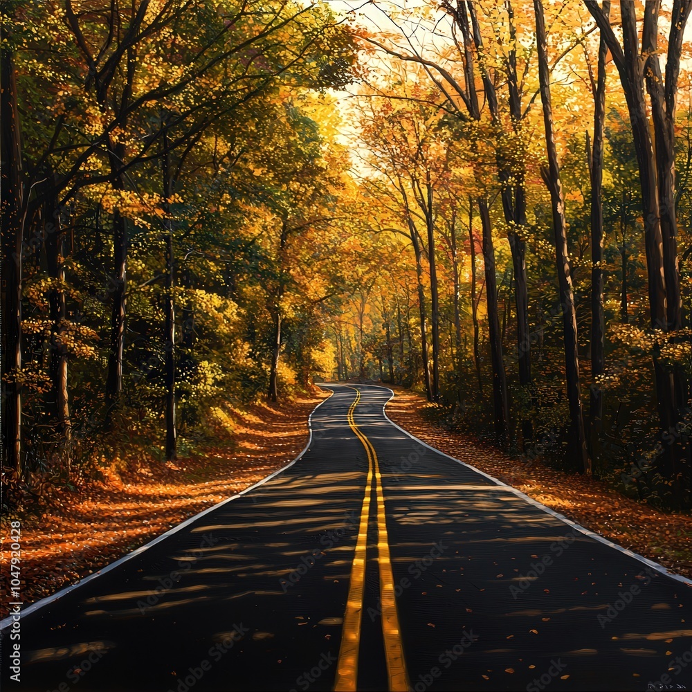 Fototapeta premium A Serene Autumn Drive Exploring the Beauty of Fall Foliage Along the Open Road