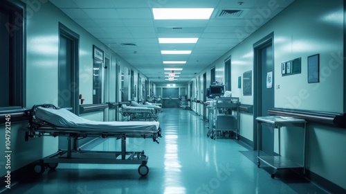 A view down an empty emergency room corridor, with stretchers and medical equipment parked along the sides, creating a feeling of readiness for the next case