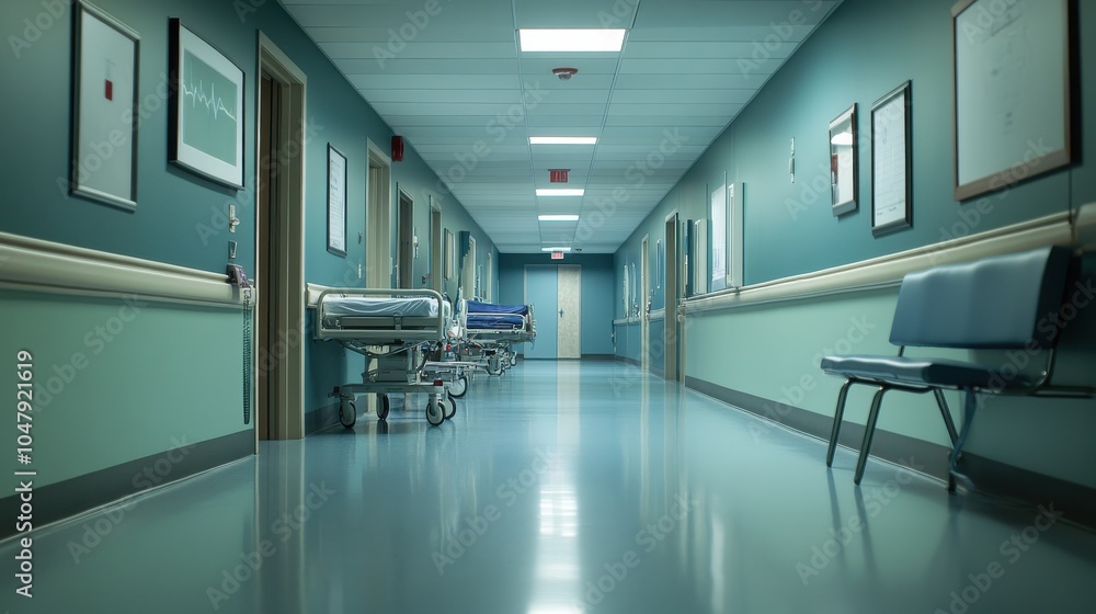 A view down an empty emergency room corridor, with stretchers and medical equipment parked along the sides, creating a feeling of readiness for the next case A view down an empty emergency room corridor, with stretchers and medical equipment parked along the sides, creating a feeling of readiness for the next case