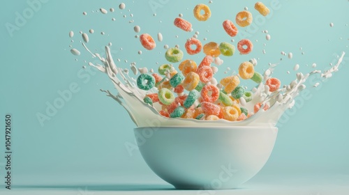 Colorful Cereal Splashing into Milk