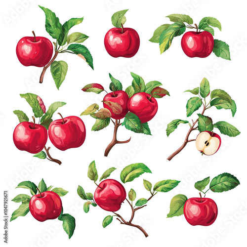 Various red apples with leaves on branches, white isolate background. isolated on transparent background.