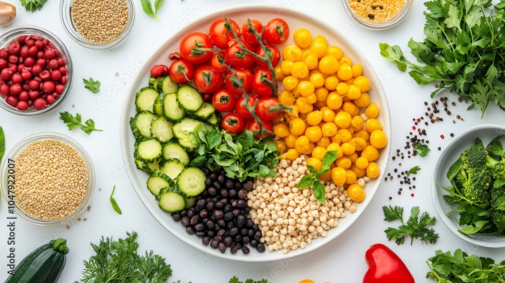 Vibrant Grains and Vegetables on White Plate Vibrant Grains and Vegetables on White Plate