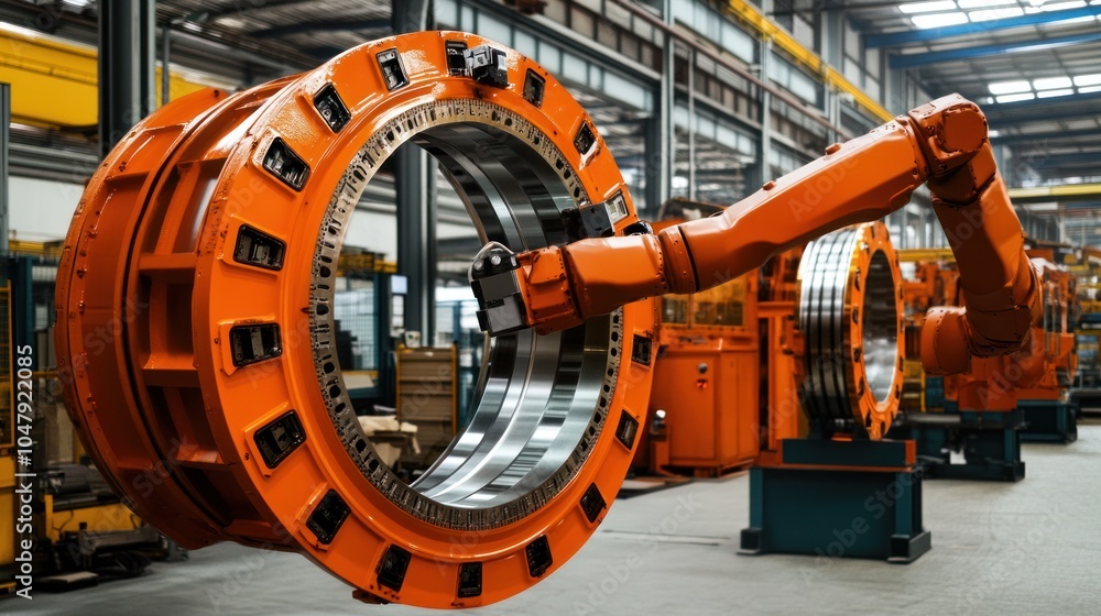 A robotic arm working on a large metal part in a factory setting. A robotic arm working on a large metal part in a factory setting.