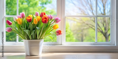 Spring flowers tulips in pot on white window sill #1047922081