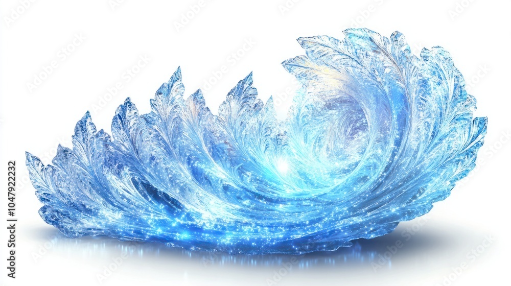Elegant cold season abstract with glowing ice crystals and swirling blue light, isolated on white Elegant cold season abstract with glowing ice crystals and swirling blue light, isolated on white