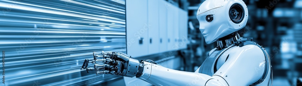 A robotic arm reaches out to touch a metallic surface, while the robotic head looks on. A robotic arm reaches out to touch a metallic surface, while the robotic head looks on.