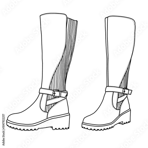 Women's Knee High Boots Wedge Tall Fall Boots Buckles Platform Boots shoes  Line art, Technical sketch hand drawing outline vector doodle illustration side 3D Isometric view isolated on white