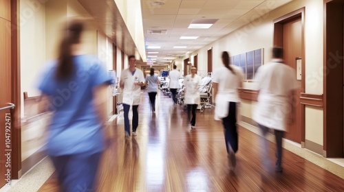 A bustling hospital corridor during the day, with doctors, nurses, and patients moving quickly in various directions, creating a sense of urgency and activity