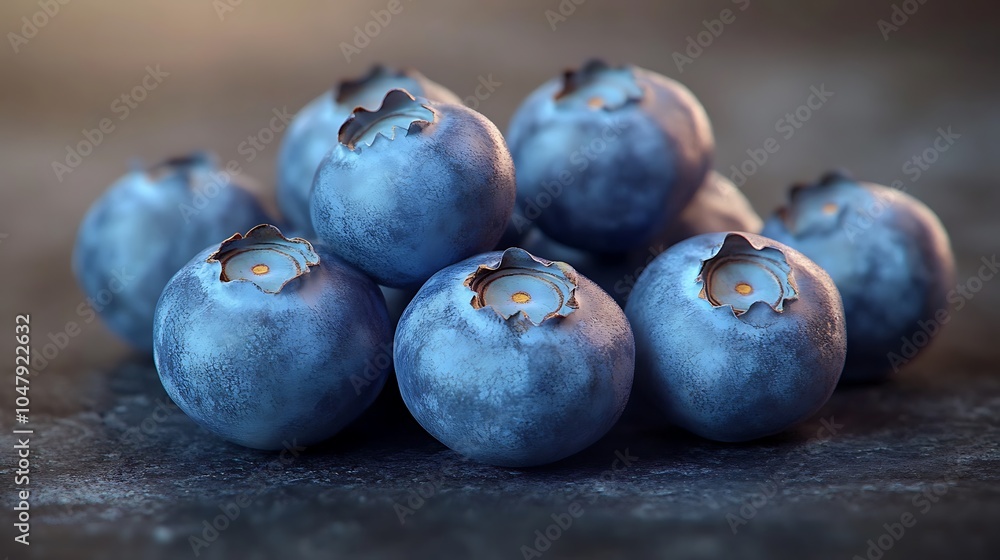 A close-up of a group of blueberries on a dark background. A close-up of a group of blueberries on a dark background.