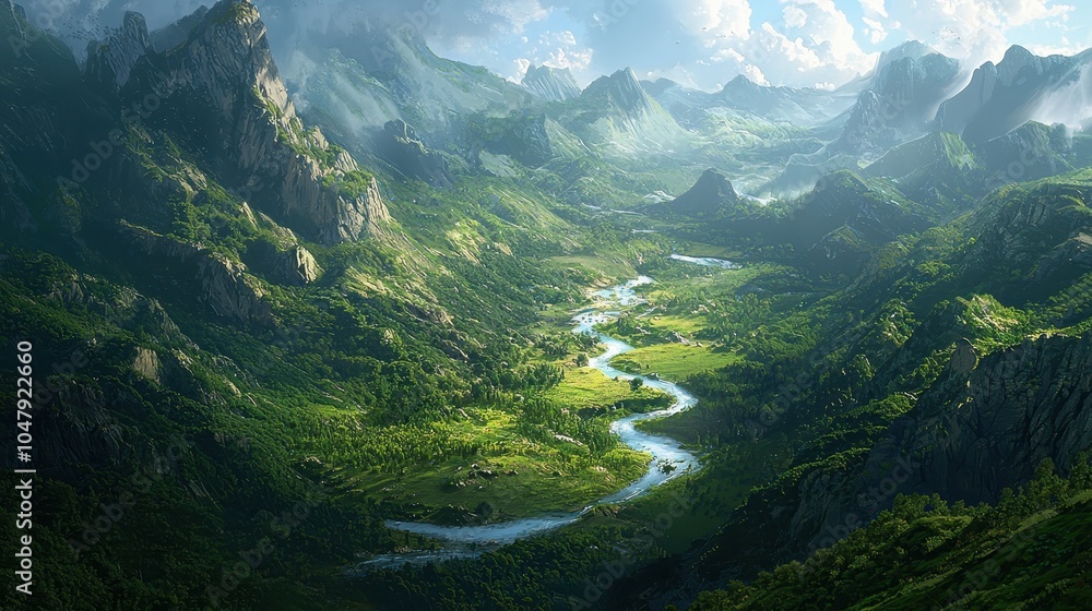 Obraz premium Serene Green Valley with Winding River