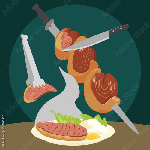 Bbq buffet, churrasco no espeto, bbq stick, picanha, rump steak on plate wish side dishes ilustration
