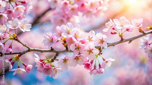 Spring branch of cherry tree with blossoms against blue sky