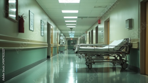 A view down an empty emergency room corridor, with stretchers and medical equipment parked along the sides, creating a feeling of readiness for the next case