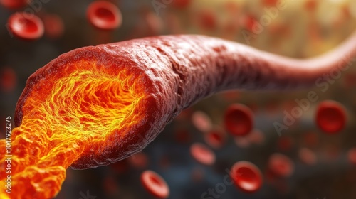 Inflamed Blood Vessel Illustration Depicting Vascular Constriction and Inflammation - Detailed Visualization of Cardiovascular Health Issues and Blood Flow Disruption photo