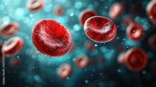 Close-up Illustration of Red Blood Cells in Motion - Microscopic View of Erythrocytes in the Human Circulatory System Depicting Cellular Structures and Blood Flow Dynamics photo