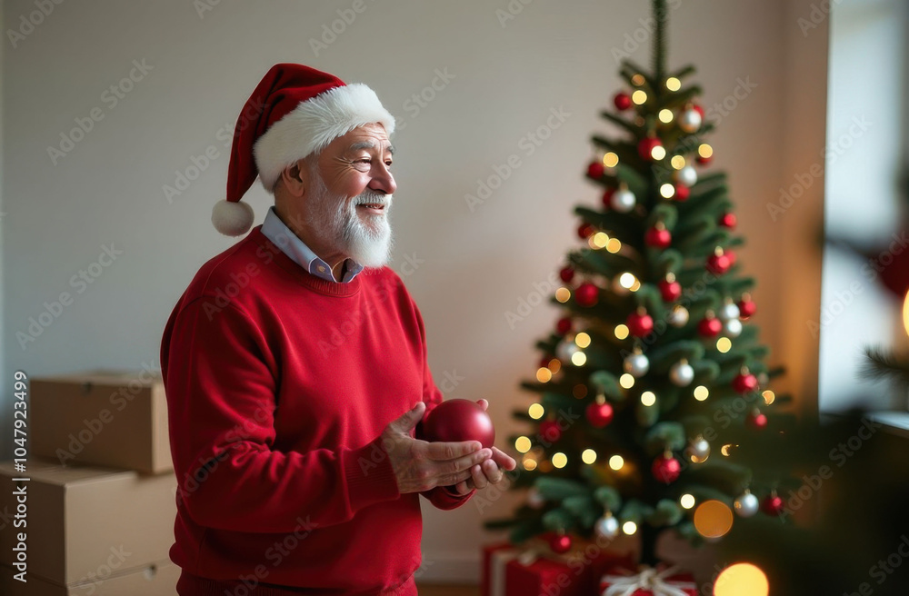 grey-haired old man smiling wearing santa claus hat and red sweater holding red christmas ball in hand, christmas tree and cardboard moving boxes in background, christmas and new year moving concept grey-haired old man smiling wearing santa claus hat and red sweater holding red christmas ball in hand, christmas tree and cardboard moving boxes in background, christmas and new year moving concept