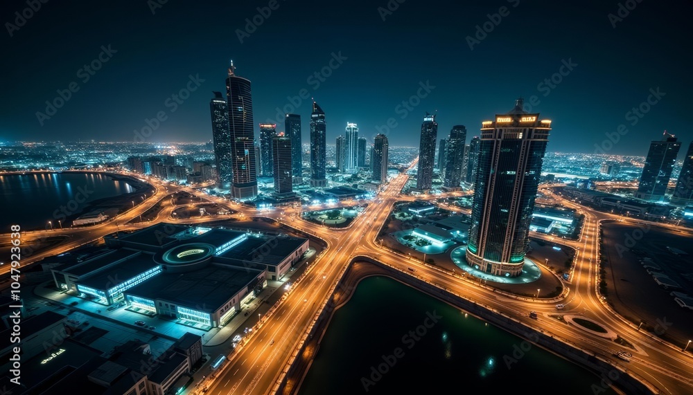 Fototapeta premium Bright city lights illuminate the night skyline