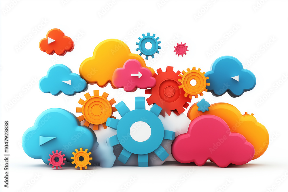 Colorful clouds with symbols and elements representing concepts such as creativity, idea, communication or technology. Colorful clouds with symbols and elements representing concepts such as creativity, idea, communication or technology.