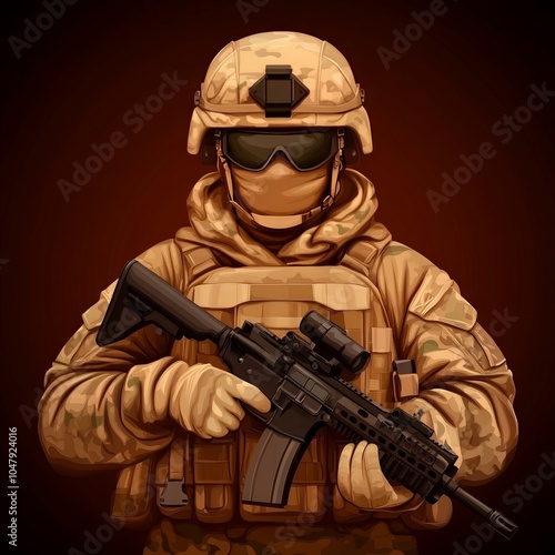 A digital illustration of a soldier in camouflage holding a rifle.