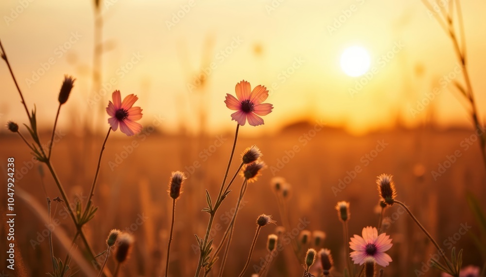 Obraz premium Sunsets warm glow illuminates wildflowers in a field