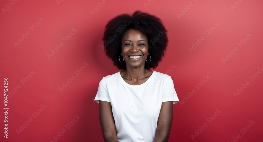 african mature woman red background wearing plain white tshirt smiling happy portrait african mature woman red background wearing plain white tshirt smiling happy portrait