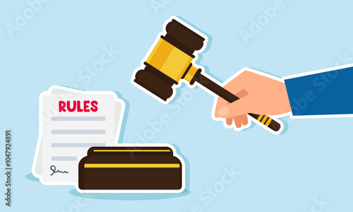 A hand holding a gavel about to strike next to a paper labeled rules, illustration of decisions on establishing rules applicable in business