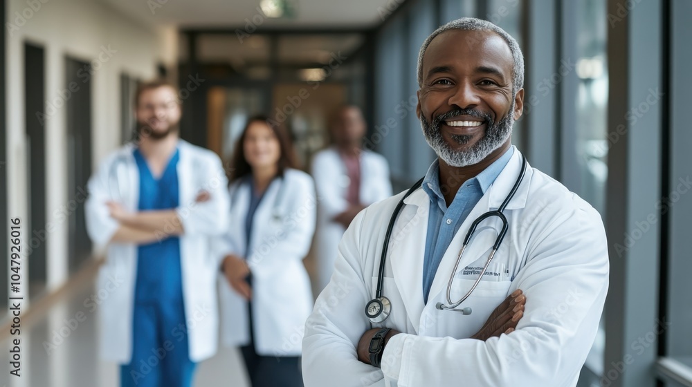 A confident, smiling doctor standing by a window in a hospital, with sunlight illuminating their face and a stethoscope around their neck, representing optimism in healthcare A confident, smiling doctor standing by a window in a hospital, with sunlight illuminating their face and a stethoscope around their neck, representing optimism in healthcare