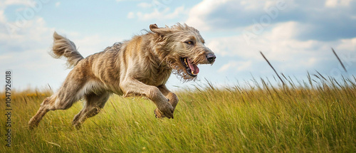 Irish Wolfhound Dog Running Through A Grassy Field photo