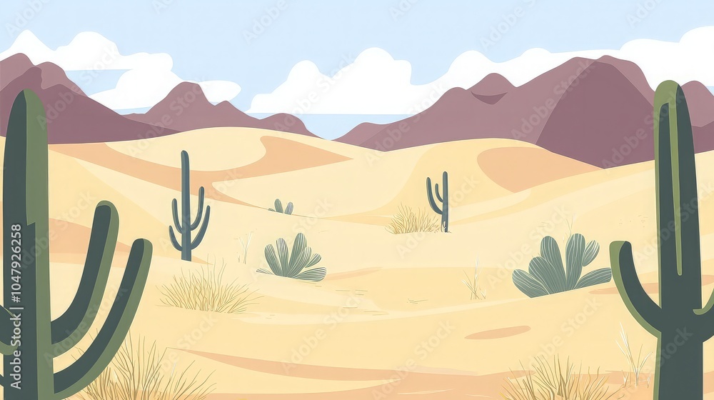 A flat cartoon style illustration of a desert landscape with sand dunes, mountains, and cactus plants.