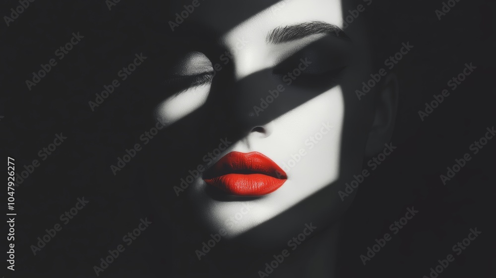 Obraz premium The power of contrast, woman in red lipstick against a black background captivating portrait photography study